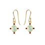 Gold hook earrings with an oval pale green stone surrounded by four small red stones.